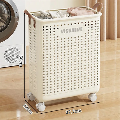 VISUALIZE Hollow Design Foldable Laundry Basket Dirty Clothes Storage Cart with Handles and Wheels, Size M