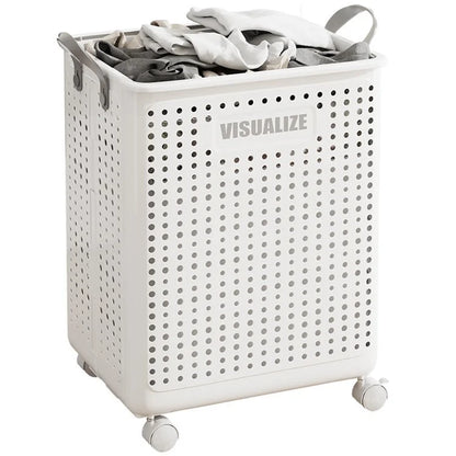VISUALIZE Hollow Design Foldable Laundry Basket Dirty Clothes Storage Cart with Handles and Wheels, Size M