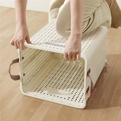 VISUALIZE Hollow Design Foldable Laundry Basket Dirty Clothes Storage Cart with Handles and Wheels, Size M