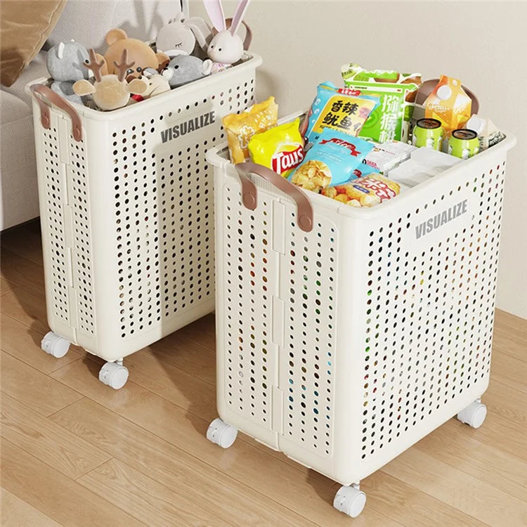 VISUALIZE Hollow Design Foldable Laundry Basket Dirty Clothes Storage Cart with Handles and Wheels, Size M