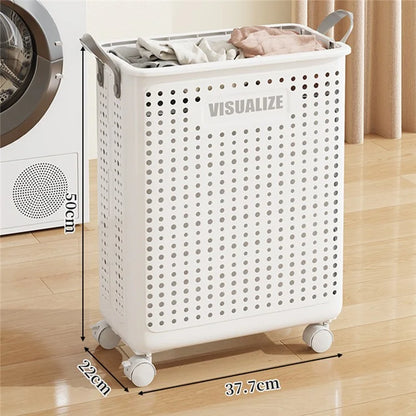VISUALIZE Hollow Design Foldable Laundry Basket Dirty Clothes Storage Cart with Handles and Wheels, Size M
