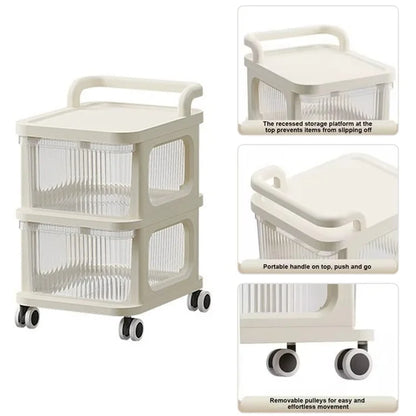 2 Layers Transparent PP Pull Out Drawer Storage Cart Sundries Rack with Wheels