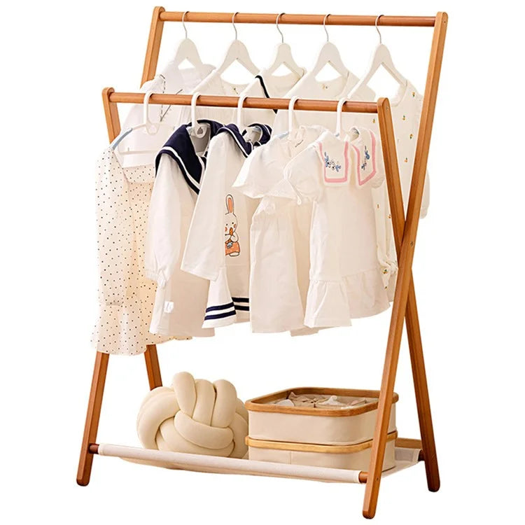 2550ZDYMJ Double Rod Bedroom Clothing Hanger Rack Bamboo Foldable Storage Shelf, High Style / 80cm Width