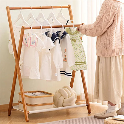 2550ZDYMJ Double Rod Bedroom Clothing Hanger Rack Bamboo Foldable Storage Shelf, High Style / 80cm Width