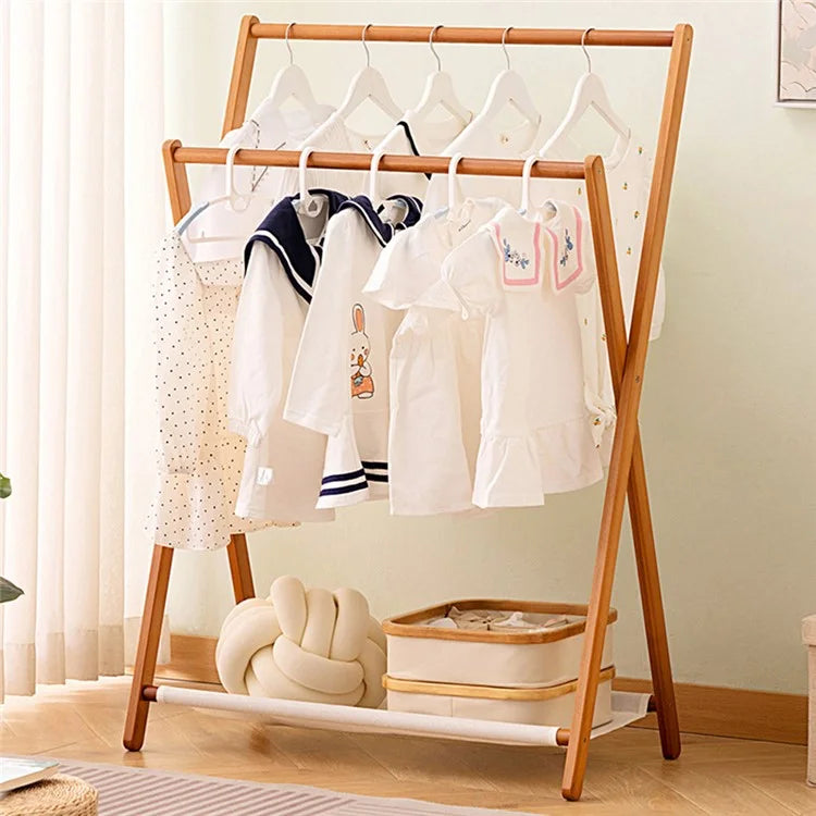 2550ZDYMJ Double Rod Bedroom Clothing Hanger Rack Bamboo Foldable Storage Shelf, Low Style / 80cm Width