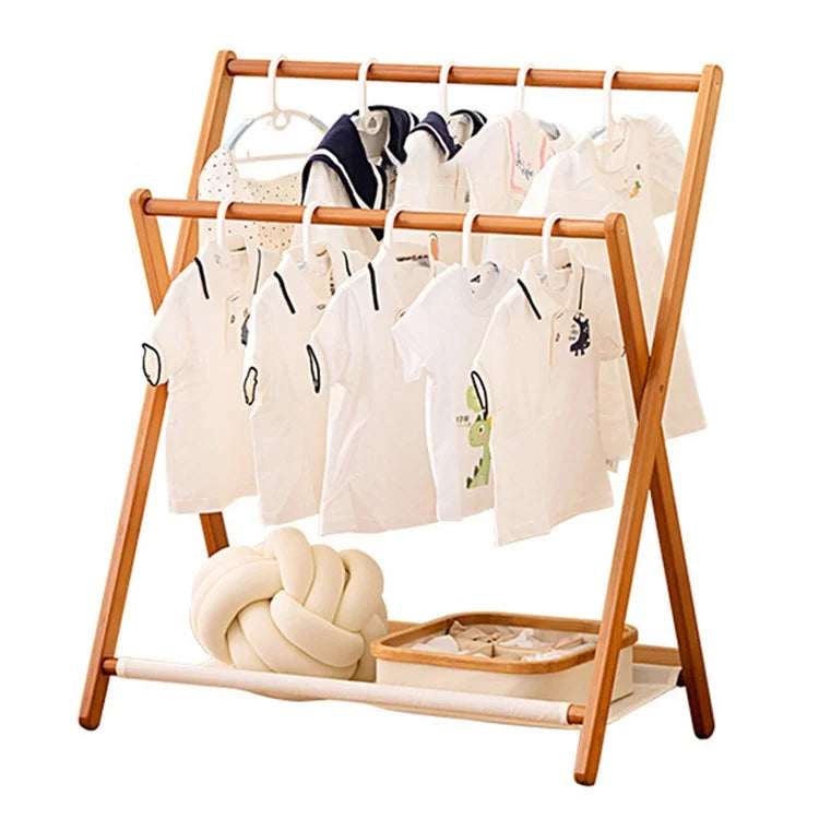 2550ZDYMJ Double Rod Bedroom Clothing Hanger Rack Bamboo Foldable Storage Shelf, Low Style / 50cm Width