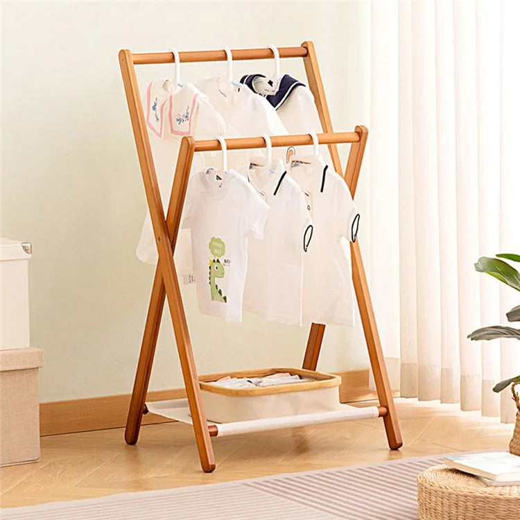 2550ZDYMJ Double Rod Bedroom Clothing Hanger Rack Bamboo Foldable Storage Shelf, Low Style / 50cm Width