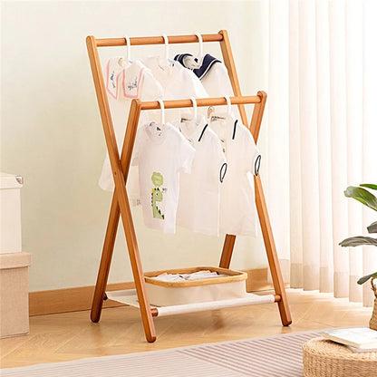 2550ZDYMJ Double Rod Bedroom Clothing Hanger Rack Bamboo Foldable Storage Shelf, Low Style / 50cm Width