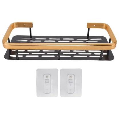 Punch-Free Aluminum Storage Rack Bathroom Organization Shelf, Wide Edge Single Layer Rectangular - Black+Gold