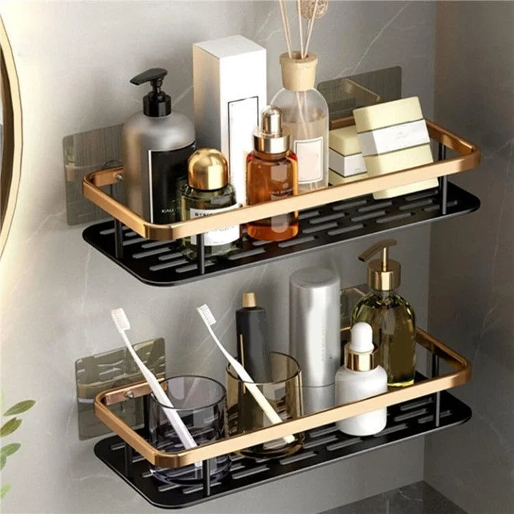 Punch-Free Aluminum Storage Rack Bathroom Organization Shelf, Wide Edge Single Layer Rectangular - Black+Gold