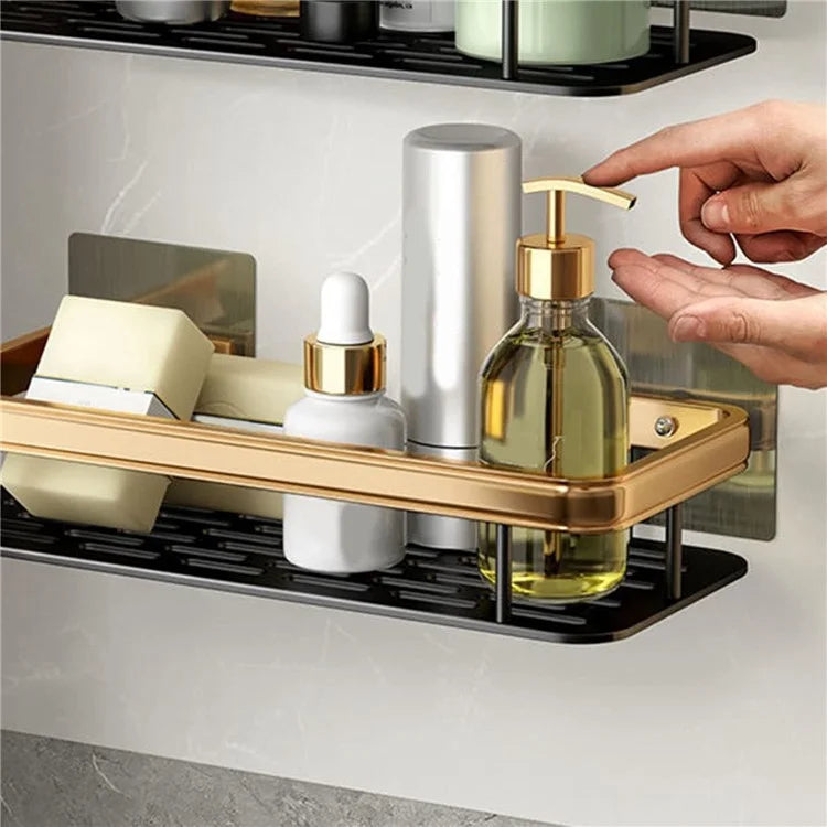Punch-Free Aluminum Storage Rack Bathroom Organization Shelf, Wide Edge Single Layer Rectangular - Black+Gold