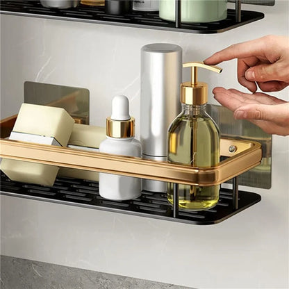 Punch-Free Aluminum Storage Rack Bathroom Organization Shelf, Wide Edge Single Layer Rectangular - Black+Gold