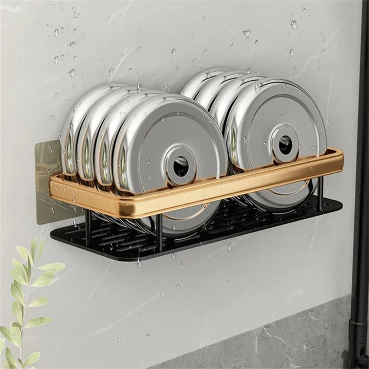 Punch-Free Aluminum Storage Rack Bathroom Organization Shelf, Wide Edge Single Layer Rectangular - Black+Gold