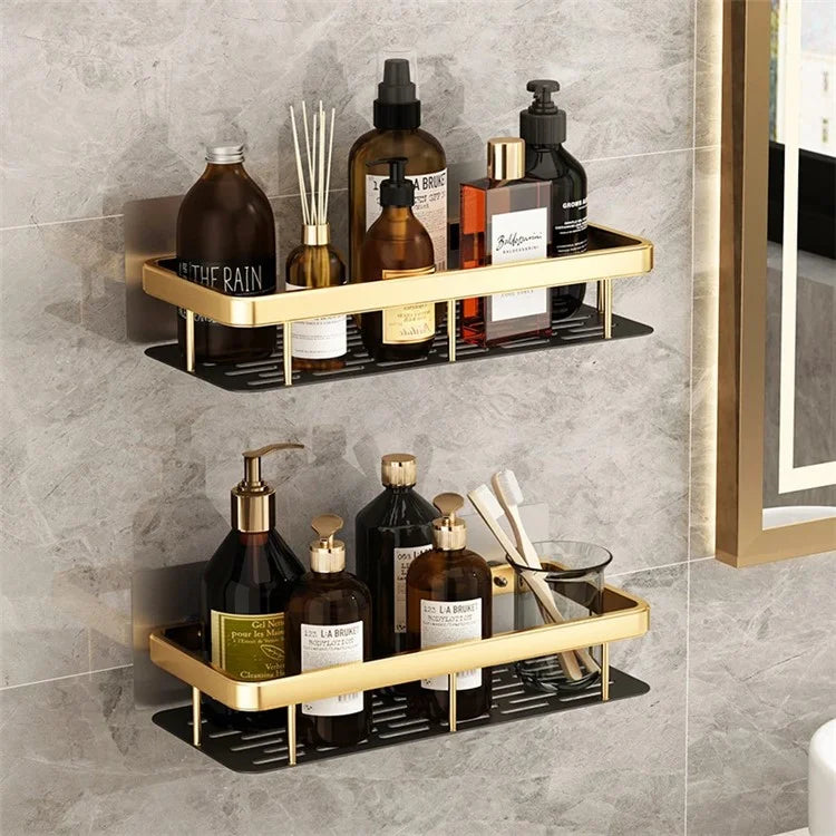 Punch-Free Aluminum Storage Rack Bathroom Organization Shelf, Wide Edge Single Layer Rectangular - Black+Gold