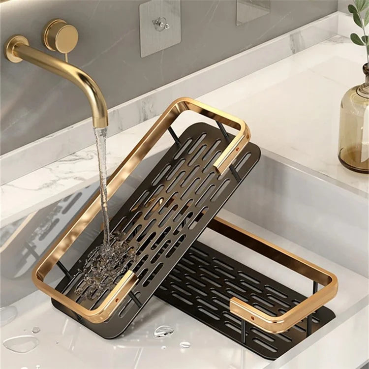 Punch-Free Aluminum Storage Rack Bathroom Organization Shelf, Wide Edge Single Layer Rectangular - Black+Gold