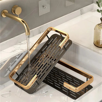 Punch-Free Aluminum Storage Rack Bathroom Organization Shelf, Wide Edge Single Layer Rectangular - Black+Gold
