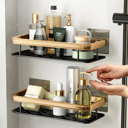 Punch-Free Aluminum Storage Rack Bathroom Organization Shelf, Wide Edge Single Layer Rectangular - Black+Gold
