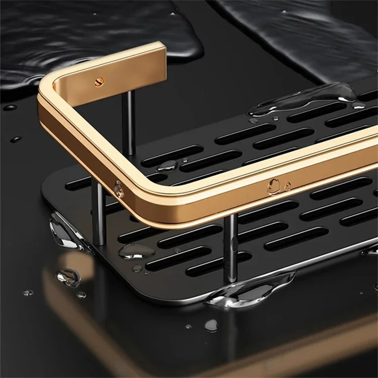Punch-Free Aluminum Storage Rack Bathroom Organization Shelf, Wide Edge Single Layer Rectangular - Black+Gold