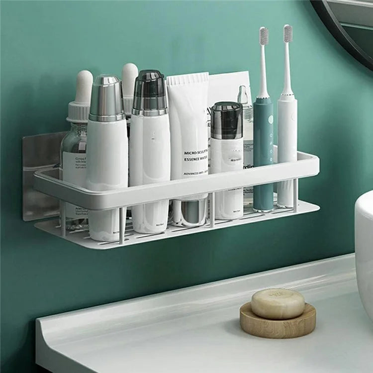 Punch-Free Aluminum Storage Rack Bathroom Organization Shelf, Wide Edge Single Layer Rectangular - Silver