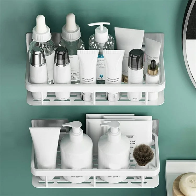 Punch-Free Aluminum Storage Rack Bathroom Organization Shelf, Wide Edge Single Layer Rectangular - Silver
