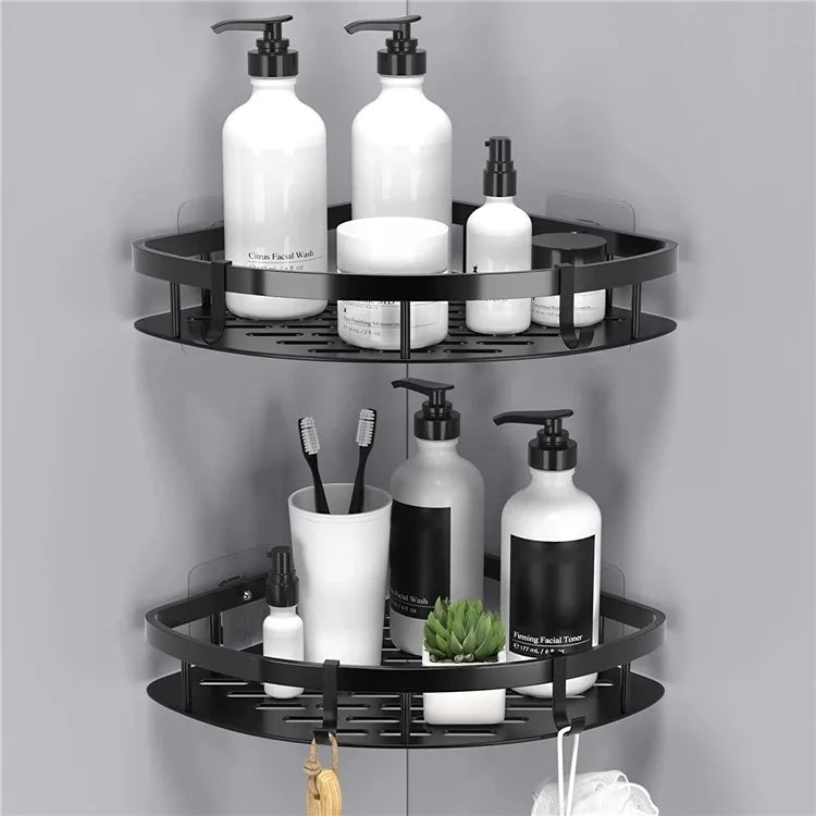 Punch-Free Aluminum Storage Rack Bathroom Organization Shelf, Wide Edge Single Layer Triangle - Black