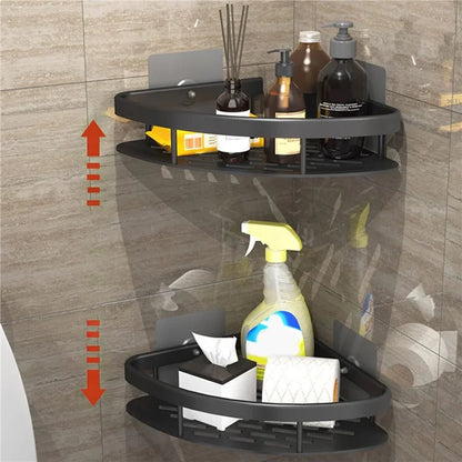 Punch-Free Aluminum Storage Rack Bathroom Organization Shelf, Wide Edge Single Layer Triangle - Black
