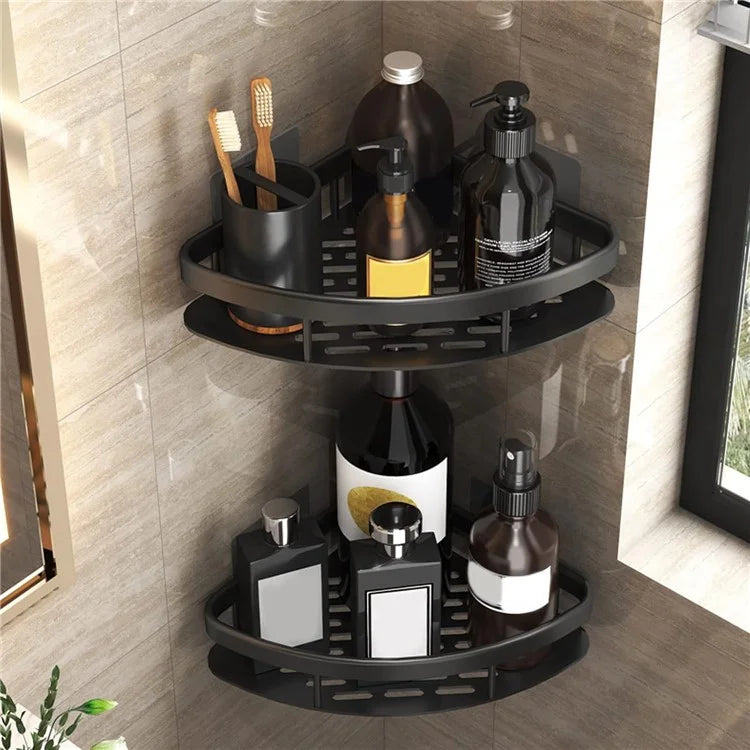 Punch-Free Aluminum Storage Rack Bathroom Organization Shelf, Wide Edge Single Layer Triangle - Black