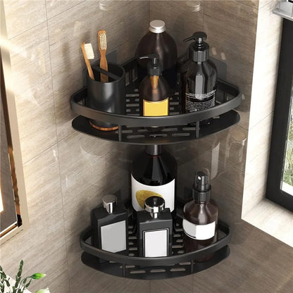 Punch-Free Aluminum Storage Rack Bathroom Organization Shelf, Wide Edge Single Layer Triangle - Black