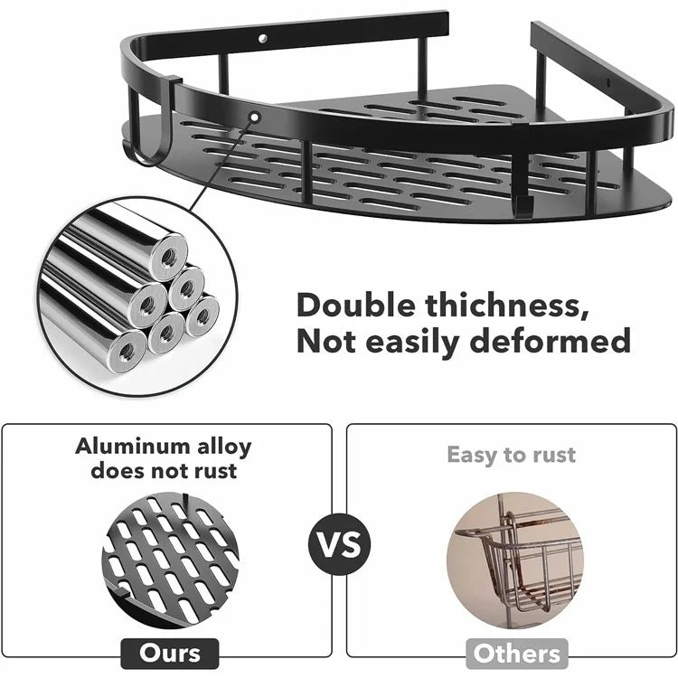 Punch-Free Aluminum Storage Rack Bathroom Organization Shelf, Wide Edge Single Layer Triangle - Black