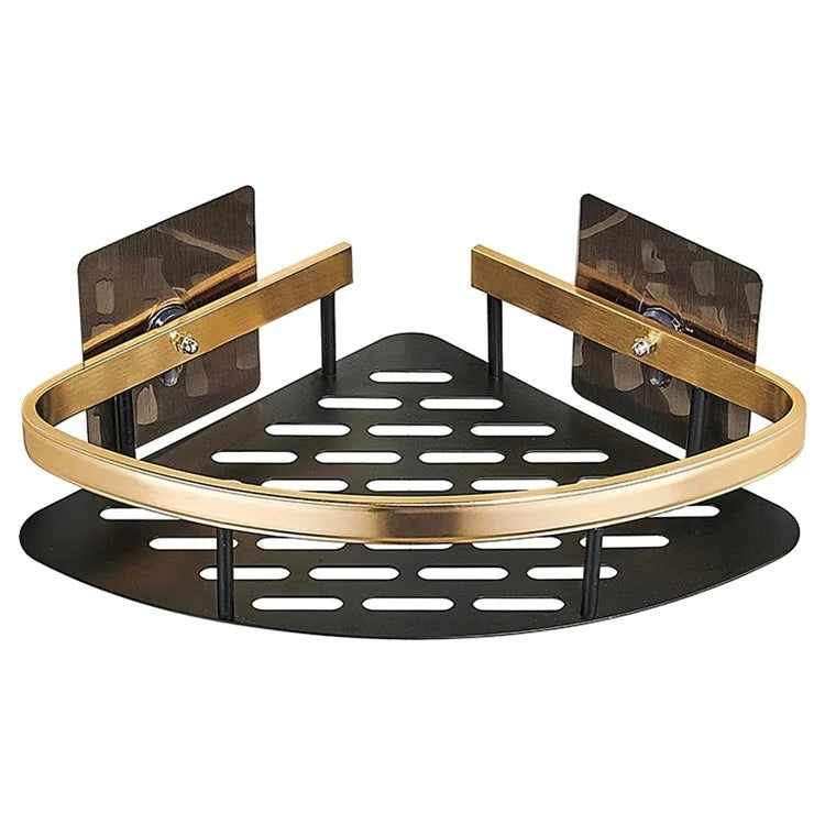 Punch-Free Aluminum Storage Rack Bathroom Organization Shelf, Wide Edge Single Layer Triangle - Black+Gold