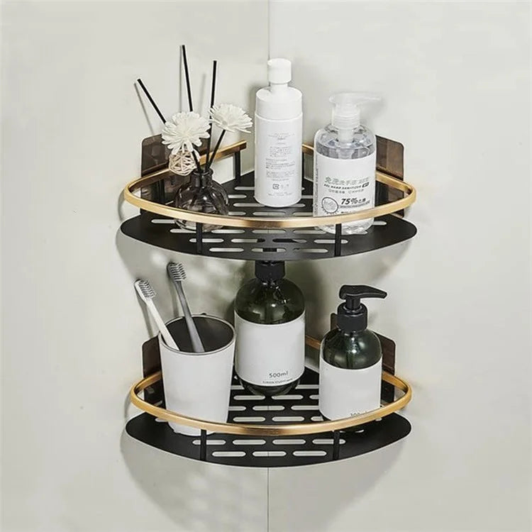 Punch-Free Aluminum Storage Rack Bathroom Organization Shelf, Wide Edge Single Layer Triangle - Black+Gold
