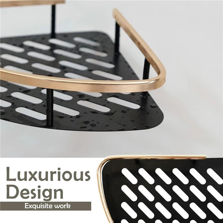 Punch-Free Aluminum Storage Rack Bathroom Organization Shelf, Wide Edge Single Layer Triangle - Black+Gold