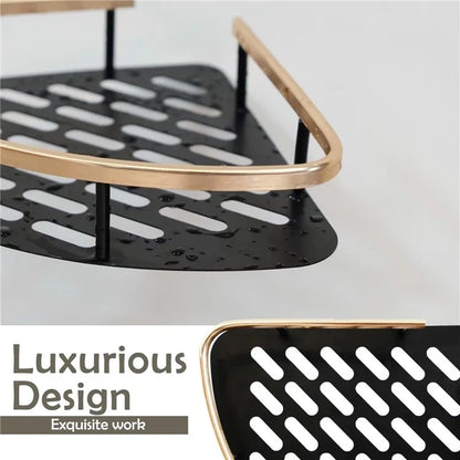 Punch-Free Aluminum Storage Rack Bathroom Organization Shelf, Wide Edge Single Layer Triangle - Black+Gold
