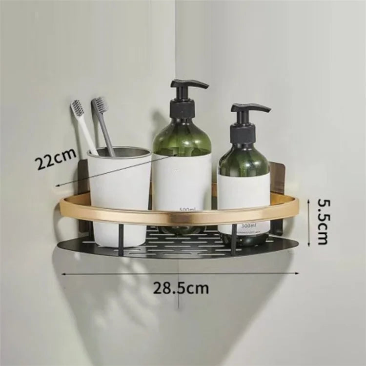 Punch-Free Aluminum Storage Rack Bathroom Organization Shelf, Wide Edge Single Layer Triangle - Black+Gold