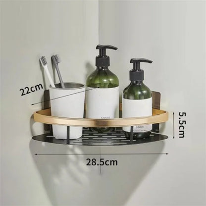 Punch-Free Aluminum Storage Rack Bathroom Organization Shelf, Wide Edge Single Layer Triangle - Black+Gold