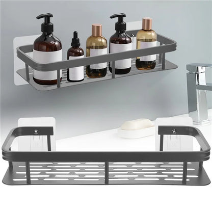 Punch-Free Aluminum Storage Rack Bathroom Organization Shelf, Narrow Edge Single Layer Rectangular - Black