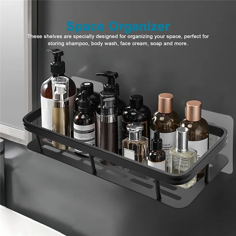 Punch-Free Aluminum Storage Rack Bathroom Organization Shelf, Narrow Edge Single Layer Rectangular - Black