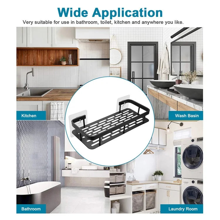 Punch-Free Aluminum Storage Rack Bathroom Organization Shelf, Narrow Edge Single Layer Rectangular - Black