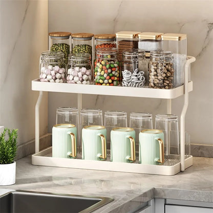 Dual Layer Kitchen Spice Cup Rack Countertop Wall Mounted Carbon Steel Storage Rack