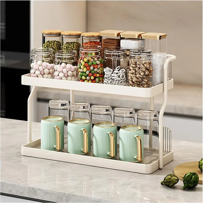Dual Layer Kitchen Spice Cup Rack Countertop Wall Mounted Carbon Steel Storage Rack
