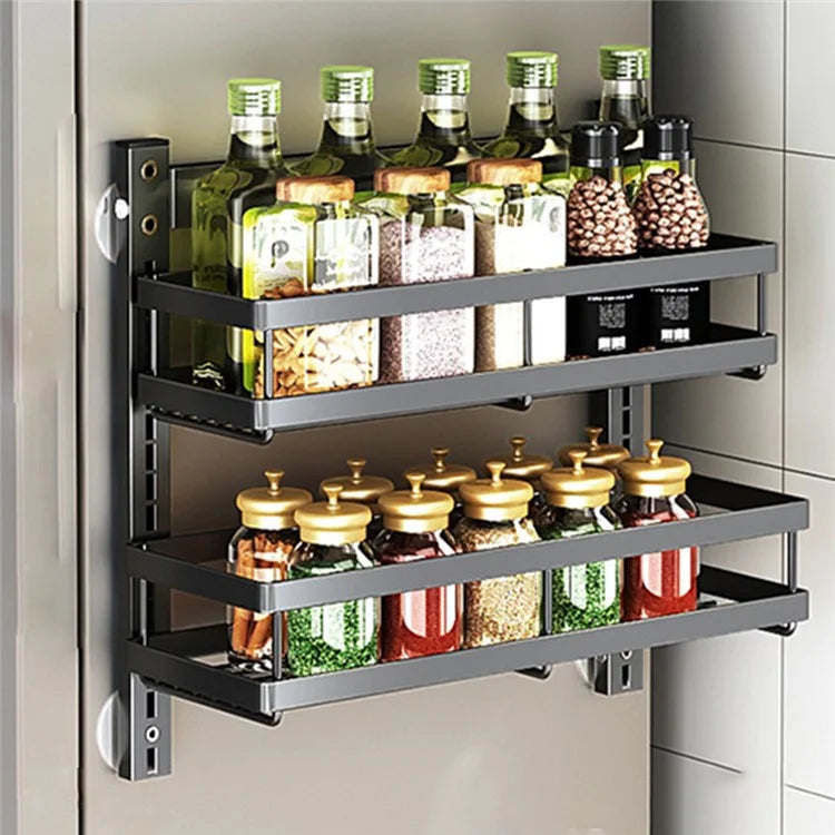 2 Tier Drill Free Wall Mounted Storage Rack Carbon Steel Kitchen Spice Organizer Shelf