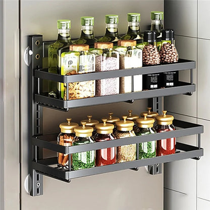2 Tier Drill Free Wall Mounted Storage Rack Carbon Steel Kitchen Spice Organizer Shelf