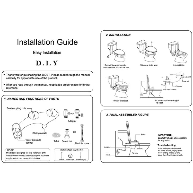 DCB-19001 Non-Electric Toilet Bidet Self-Cleaning Dual Nozzle Bidet Attachment for Toilet Seat Adjustable Water Pressure