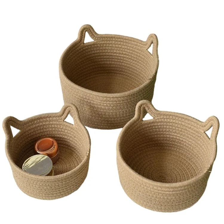 3Pcs / Set Cat Ears Design Cotton Rope Woven Storage Basket Round Desktop Sundries Organizer
