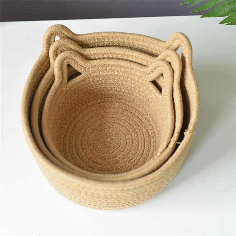 3Pcs / Set Cat Ears Design Cotton Rope Woven Storage Basket Round Desktop Sundries Organizer
