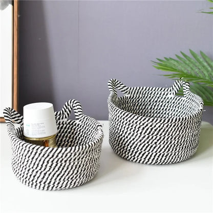 3Pcs / Set Cat Ears Design Cotton Rope Woven Storage Basket Round Desktop Sundries Organizer