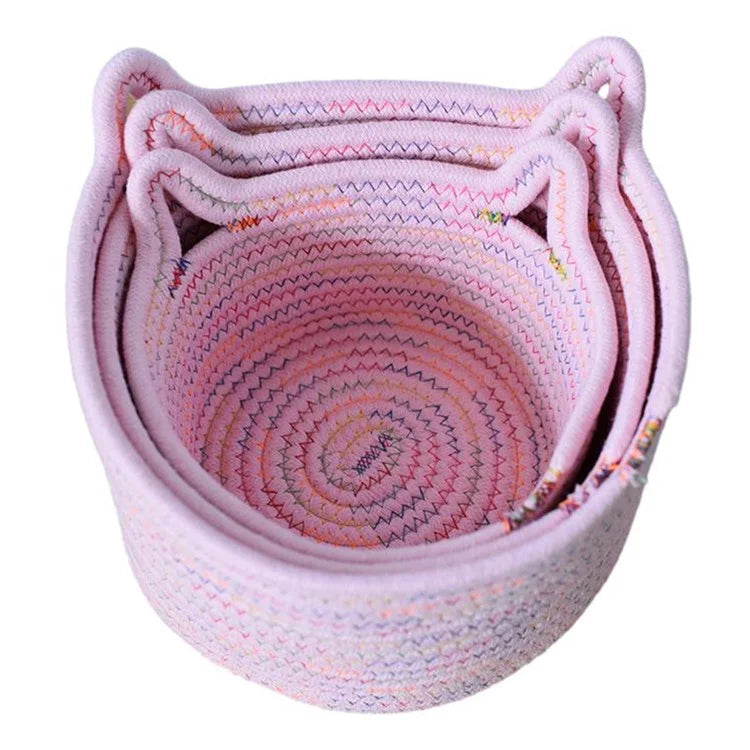3Pcs / Set Cat Ears Design Cotton Rope Woven Storage Basket Round Desktop Sundries Organizer