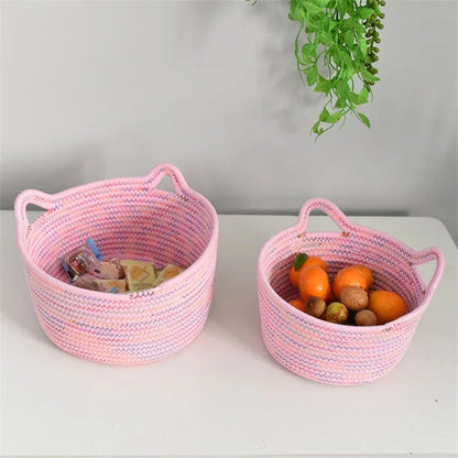 3Pcs / Set Cat Ears Design Cotton Rope Woven Storage Basket Round Desktop Sundries Organizer