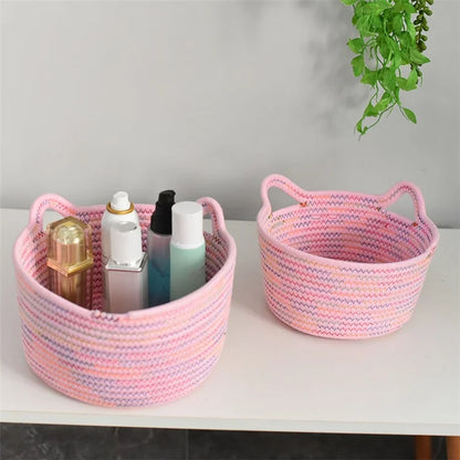 3Pcs / Set Cat Ears Design Cotton Rope Woven Storage Basket Round Desktop Sundries Organizer
