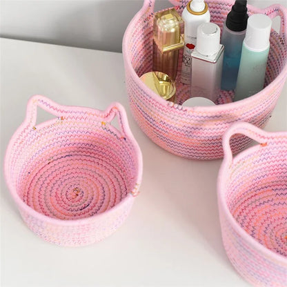 3Pcs / Set Cat Ears Design Cotton Rope Woven Storage Basket Round Desktop Sundries Organizer